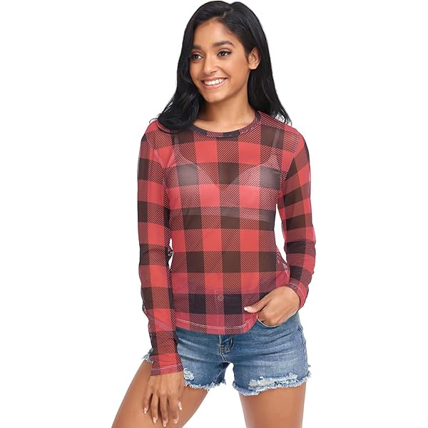 Aflyko Women Summer Top Tartan Plaid Classic Red Sheer T Shirt
